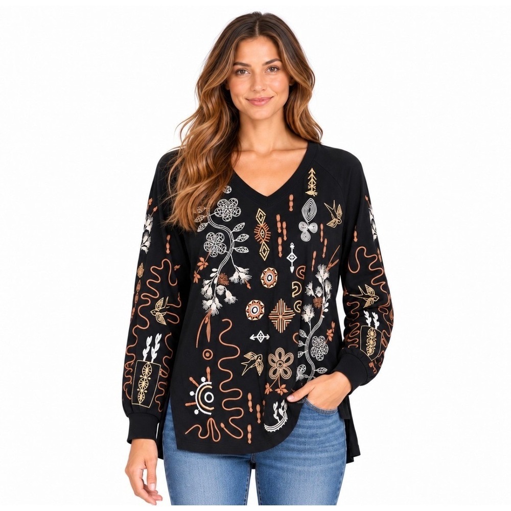 Johnny Was Los Angeles Black Embroidered V-Neck Long Sleeve Top Size M J17024-8